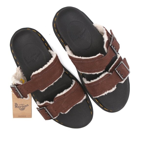 Dr. Martens Suede Leather Sandals Faux Fur Lined DOC MYLES Buckles Slides Brown - Picture 4 of 12